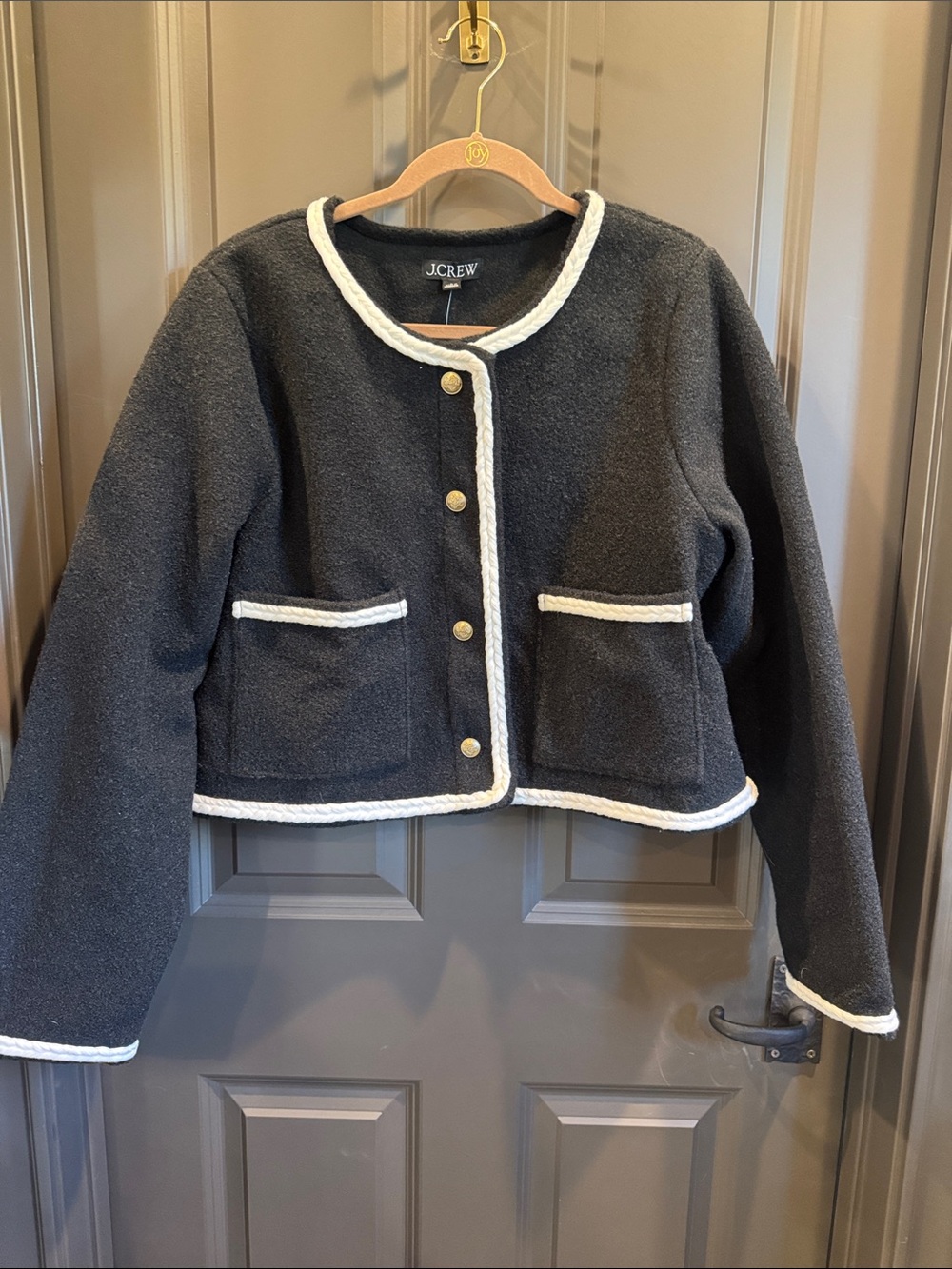 J. Crew Black Bouclé Cropped Jacket with White Trim